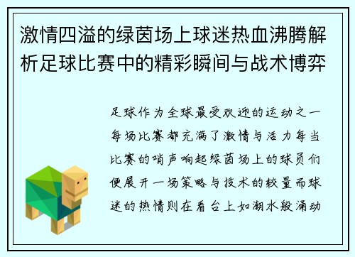 激情四溢的绿茵场上球迷热血沸腾解析足球比赛中的精彩瞬间与战术博弈