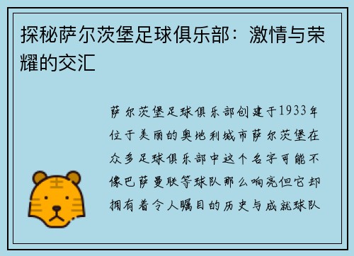 探秘萨尔茨堡足球俱乐部：激情与荣耀的交汇