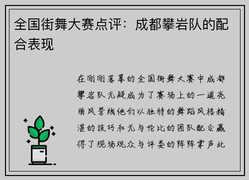 全国街舞大赛点评：成都攀岩队的配合表现