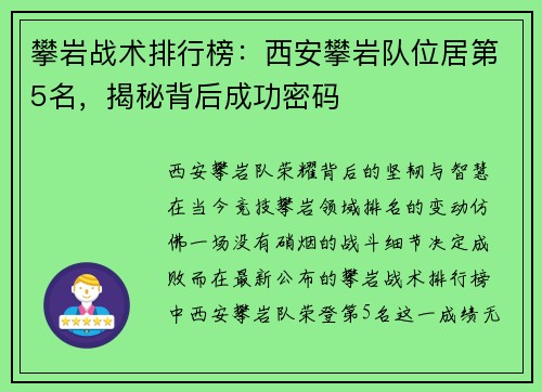 攀岩战术排行榜：西安攀岩队位居第5名，揭秘背后成功密码