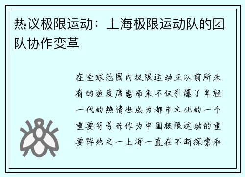 热议极限运动：上海极限运动队的团队协作变革